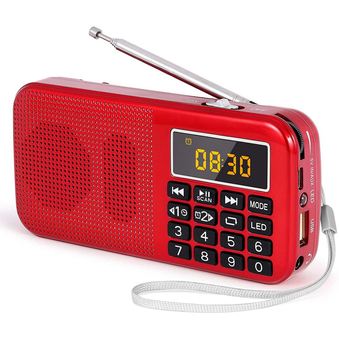 Prunus - radio portable MP3 SD USB AUX avec batterie rechargeable de grande capacité (3000mAh) rouge - Radio