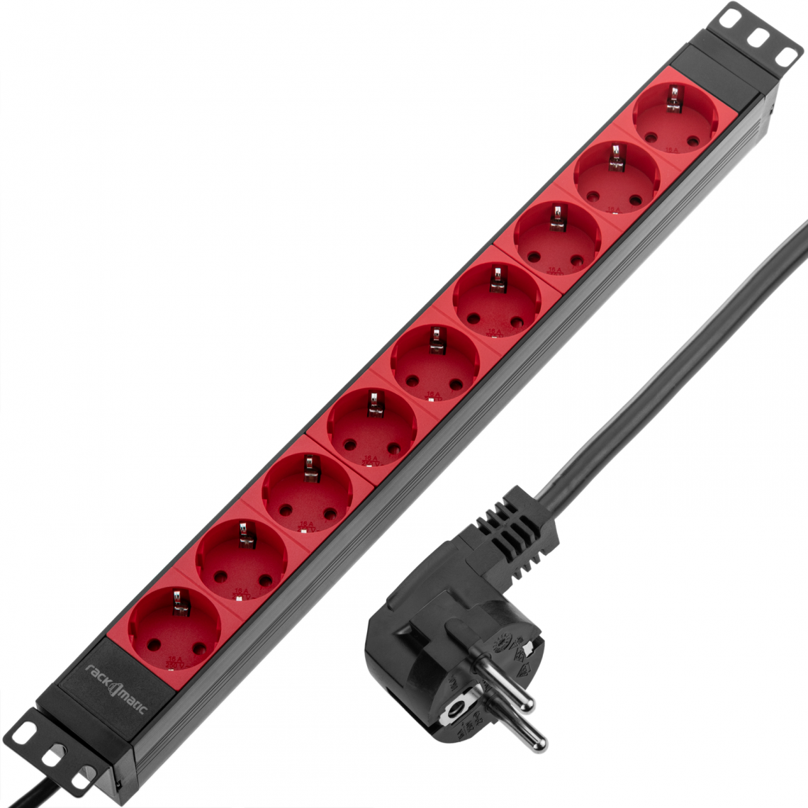 Rackmatic - Bande PVC avec 9 prises rouges type Schuko et boîtier noir pour armoire rack 19 1U - Rack amovible
