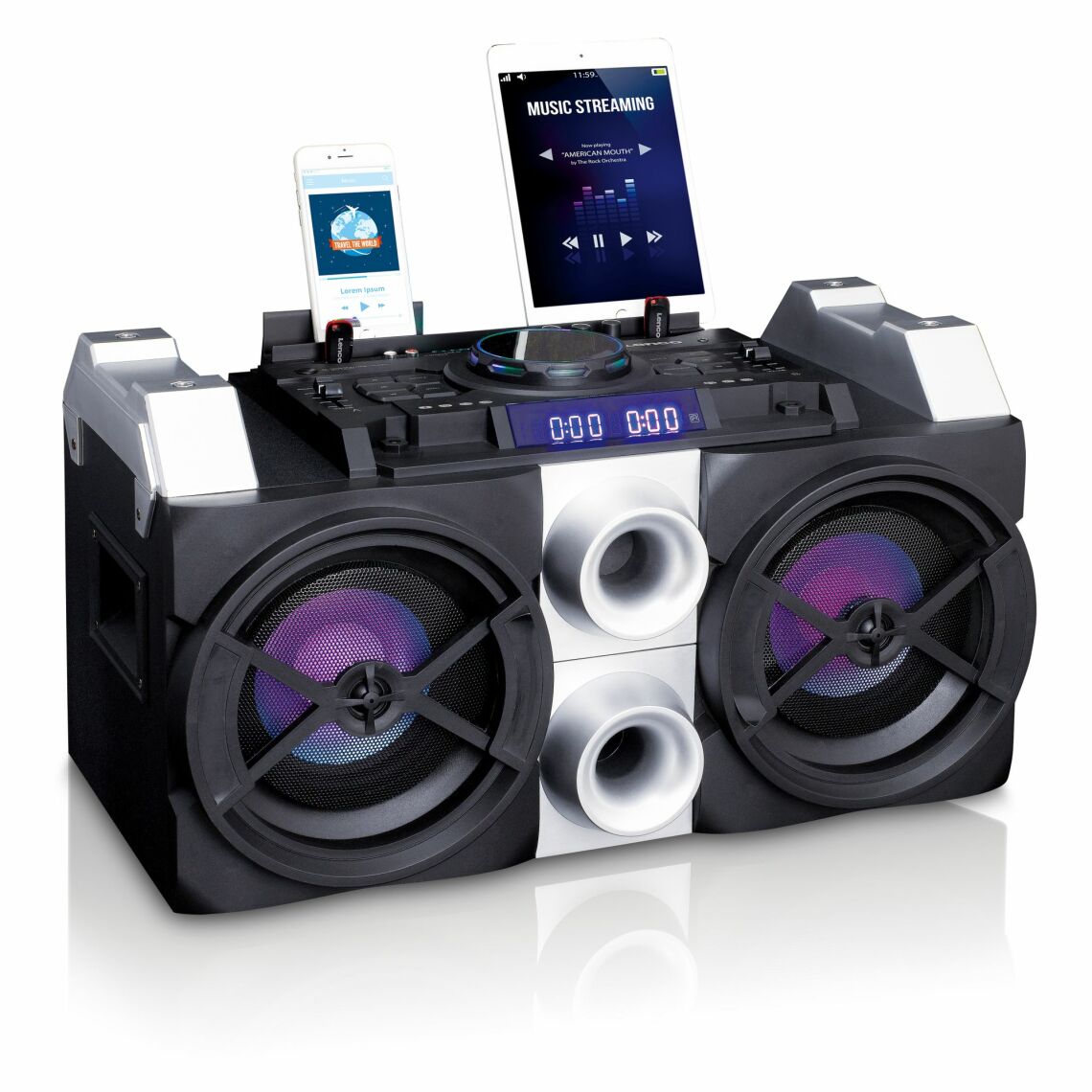 Lenco - Enceinte/table de mixage DJ haute puissance avec Bluetooth, USB, radio FM et éclairages PMX-150 Noir-Argent - Enceintes Hifi