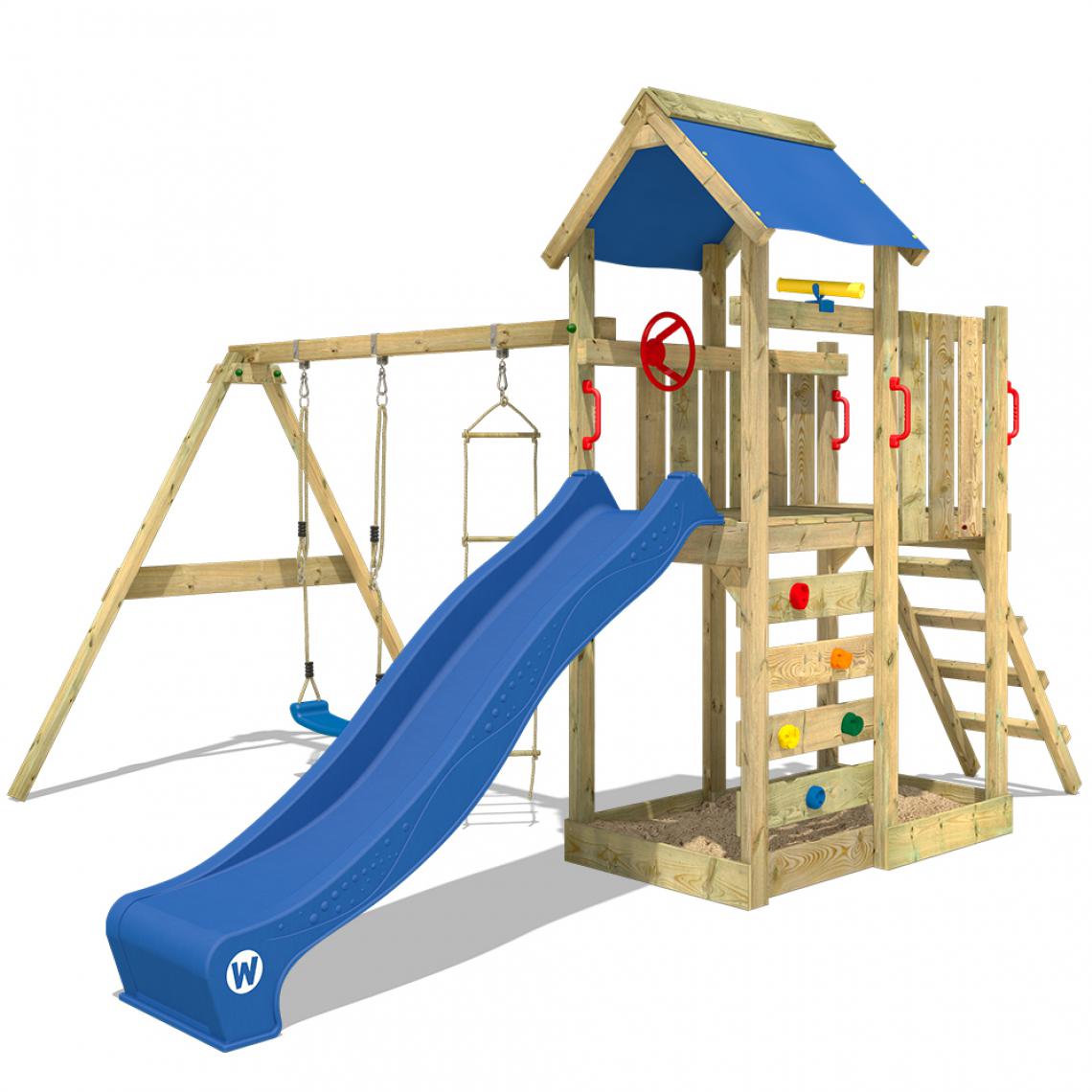 Wickey - Aire de jeux Portique bois MultiFlyer avec balançoire et toboggan bleu Maison enfant extérieure avec bac à sable, échelle d'escalade & accessoires de jeux - Aire de jeux
