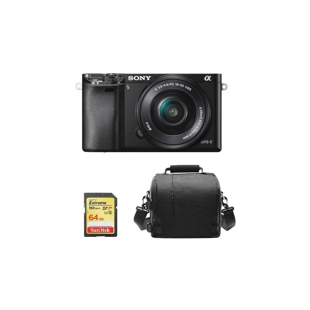 Sony - SONY A6000 Black KIT SEL 16-50MM F3.5-5.6 OSS Black + 64GB SD card + camera Bag - Reflex Grand Public