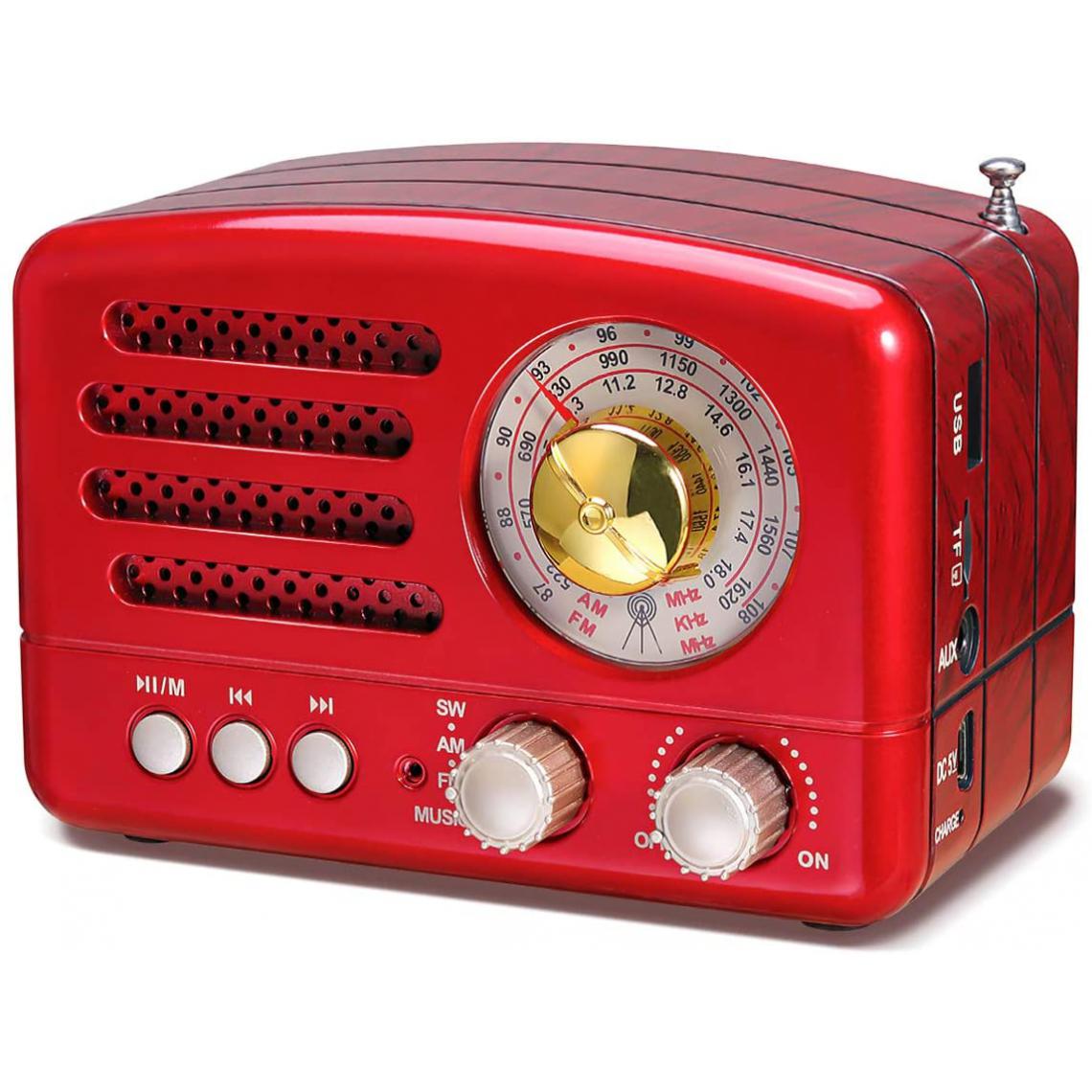 Prunus - radio portable vintage FM AM(MW) SW bluetooth avec batterie rechargeable 1800mAh rouge - Radio
