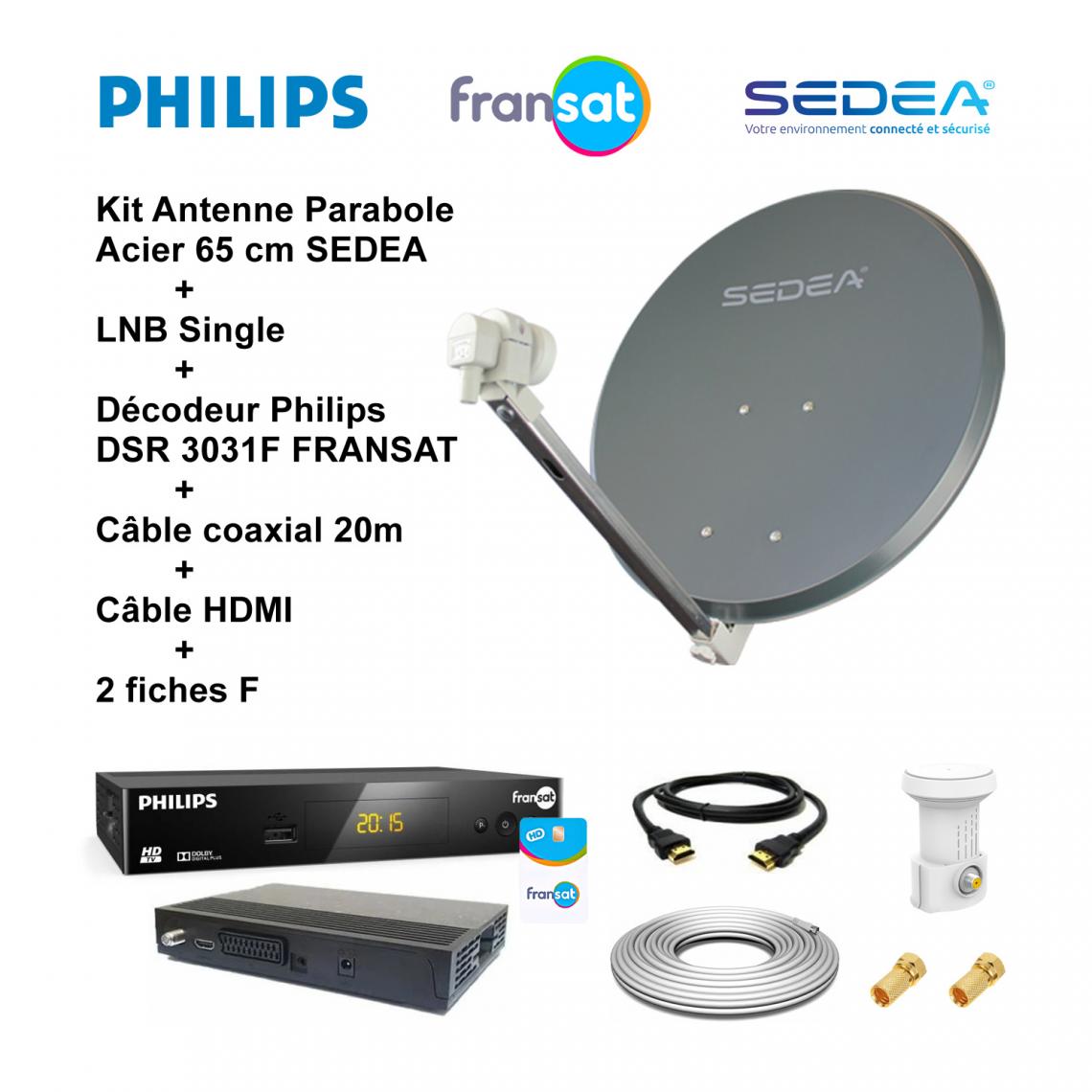 Sedea - Kit Antenne Parabole Acier 65 cm 36,5 dB Anthracite SEDEA + LNB Single 0,1 dB Full HD 4K Ultra HD + Décodeur Philips DSR 3031F FRANSAT + Câble coaxial 20m + Câble HDMI + 2 fiches F - Antennes intérieures
