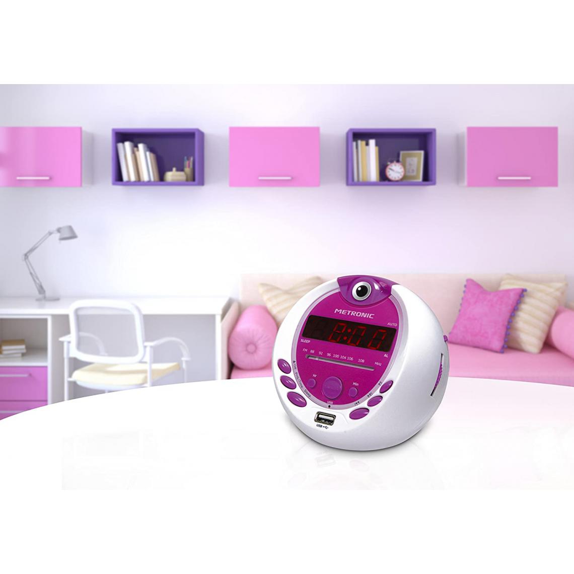 Metronic - radio Réveil Enfant Miss Angel MP3 USB avec projection de l'heure blanc violet - Radio