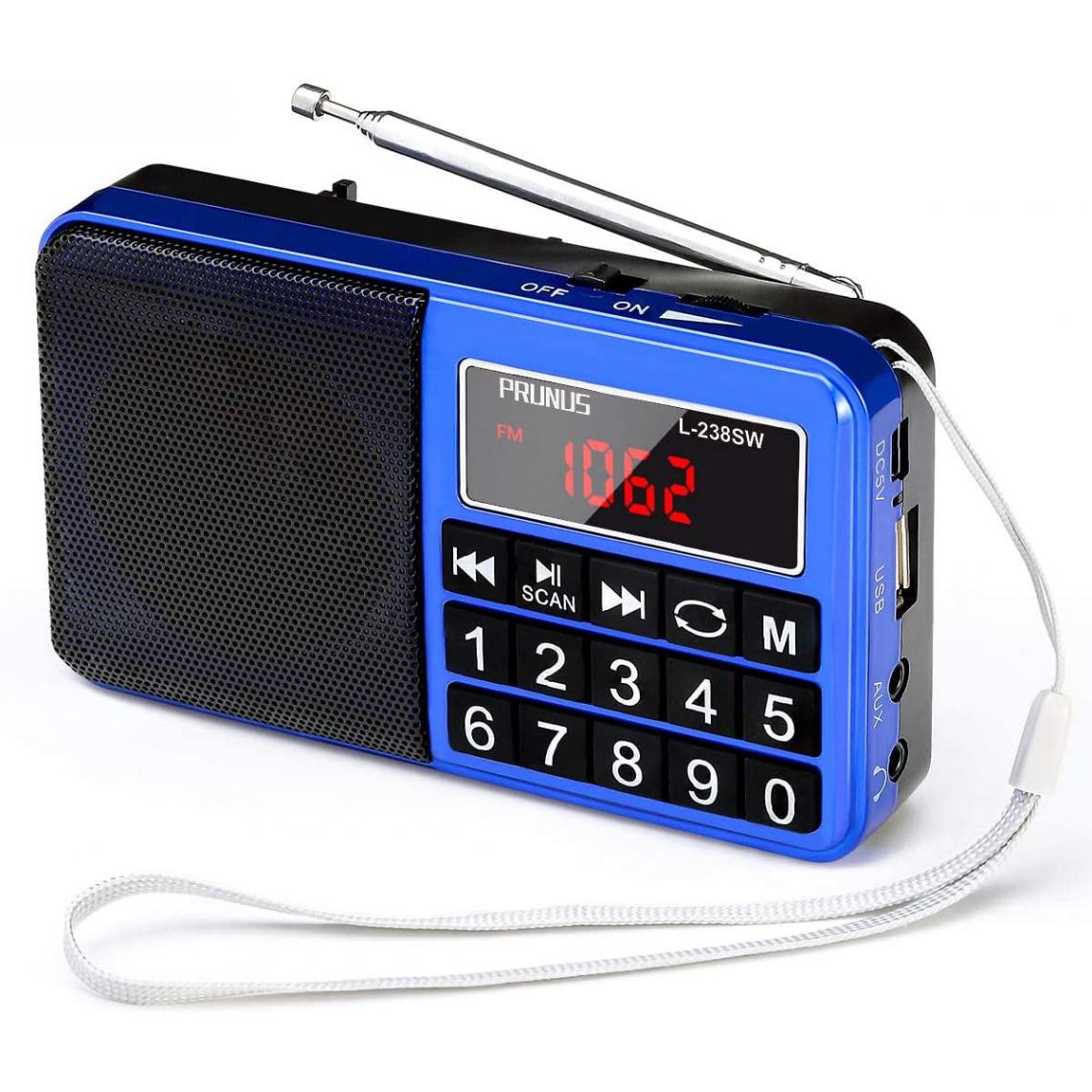 Prunus - radio portable FM AM (MW) SW USB Micro-SD MP3 avec batterie rechargeable 1200 mAh noir bleu - Radio