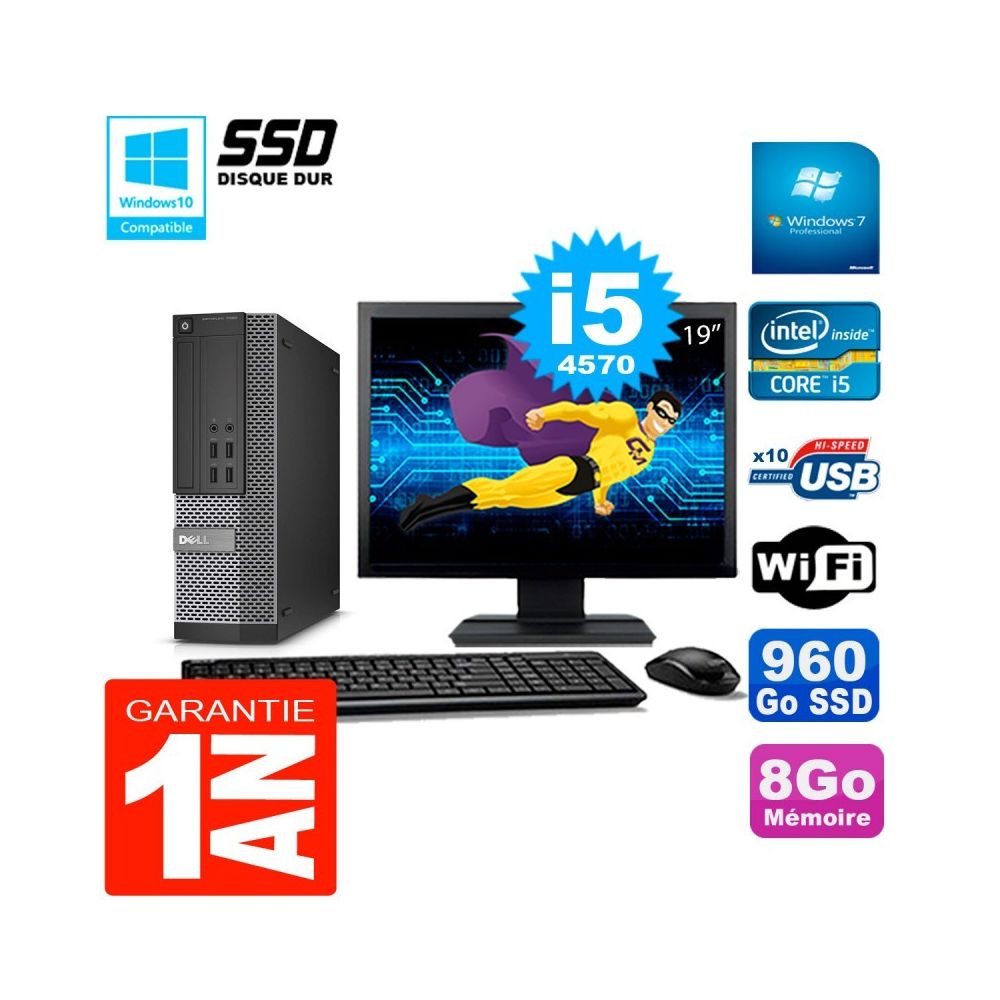 Dell - PC DELL 7020 SFF Ecran 19"""" Core I5-4570 RAM 8Go Disque Dur 960 Go SSD Wifi W7 - PC Fixe