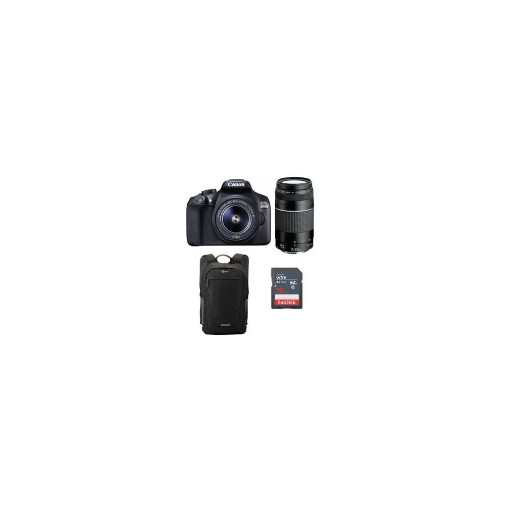 Canon - CANON EOS 1300D KIT EF-S 18-55mm F3.5-5.6 IS III + EF 75-300mm F4-5.6 III + Backpack Black + 16GB SD card - Reflex Grand Public