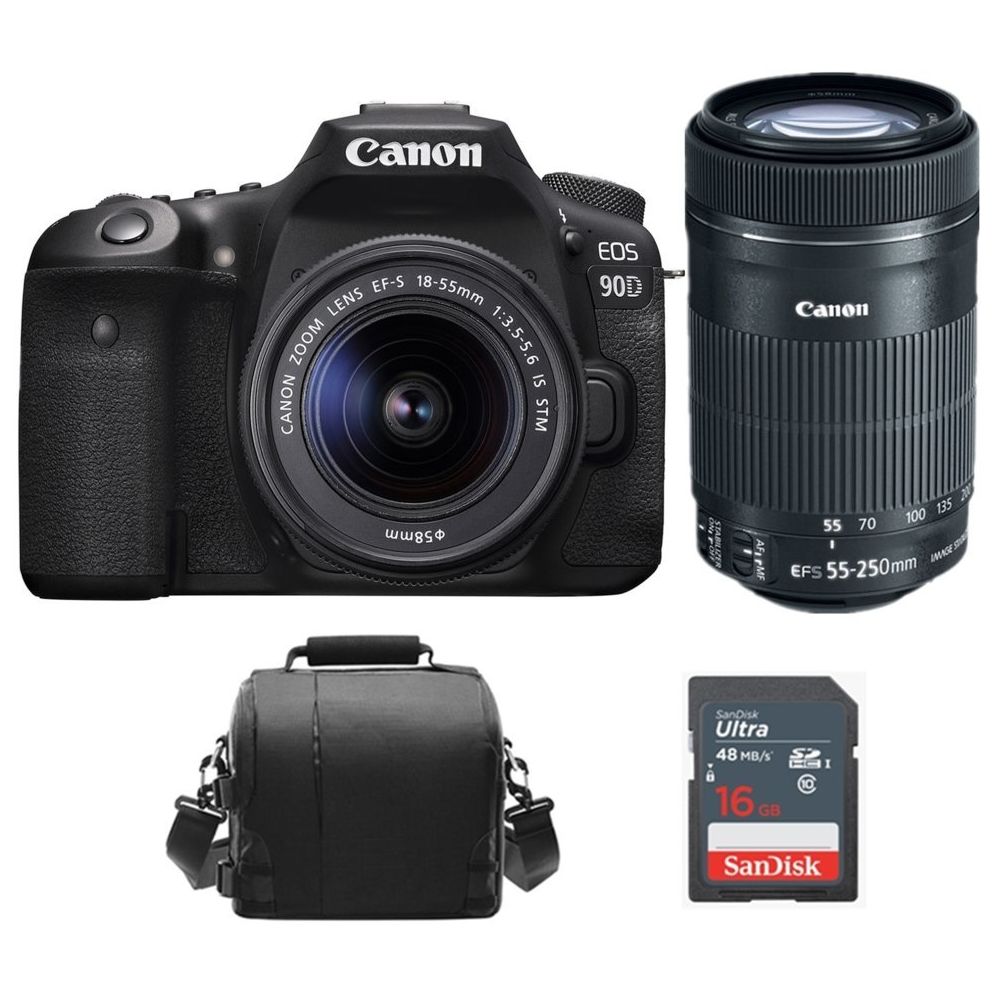 Canon - CANON EOS 90D KIT EF-S 18-55mm F3.5-5.6 IS STM + EF-S 55-250MM F4-5.6 IS STM + Camera Bag + 16GB SD card - Reflex Grand Public