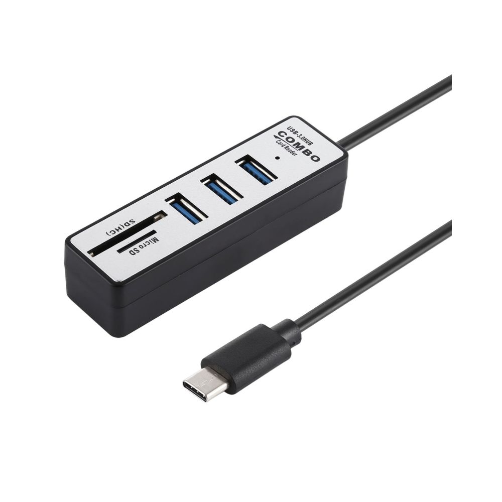 Wewoo - Lecteur de cartes TF / SD 2 en 1 + 3 x ports USB 3.0 au convertisseur de concentrateur USB-C / Type-C, longueur de câble: 26 cm (Noir) - Lecteur carte mémoire