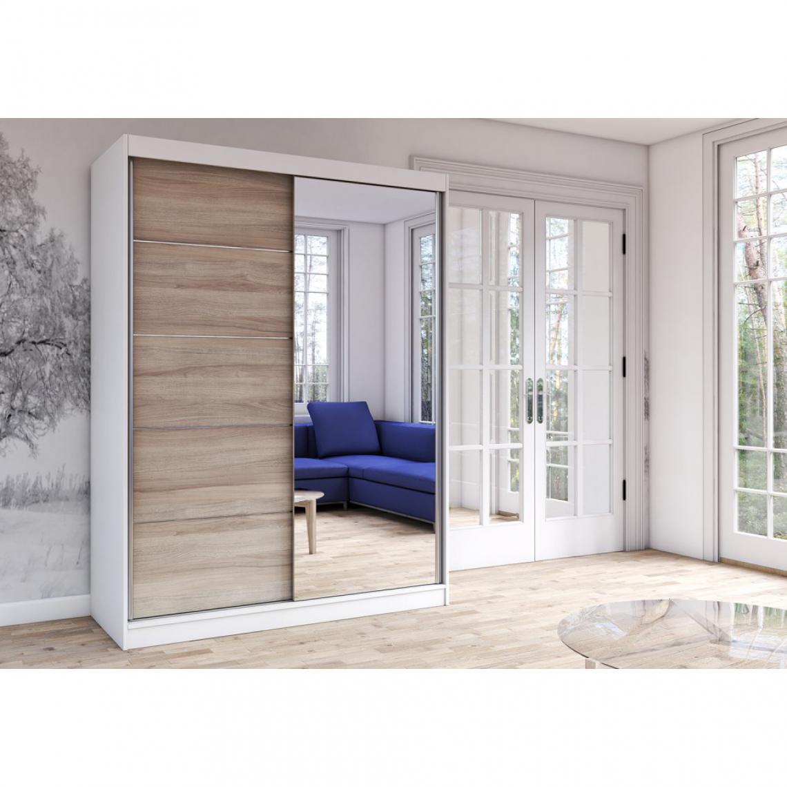 Hucoco - KALKE - Grande armoire à portes coulissantes - Miroir - 5 étagères + tringle - 218x183x61 cm - Blanc - Armoire