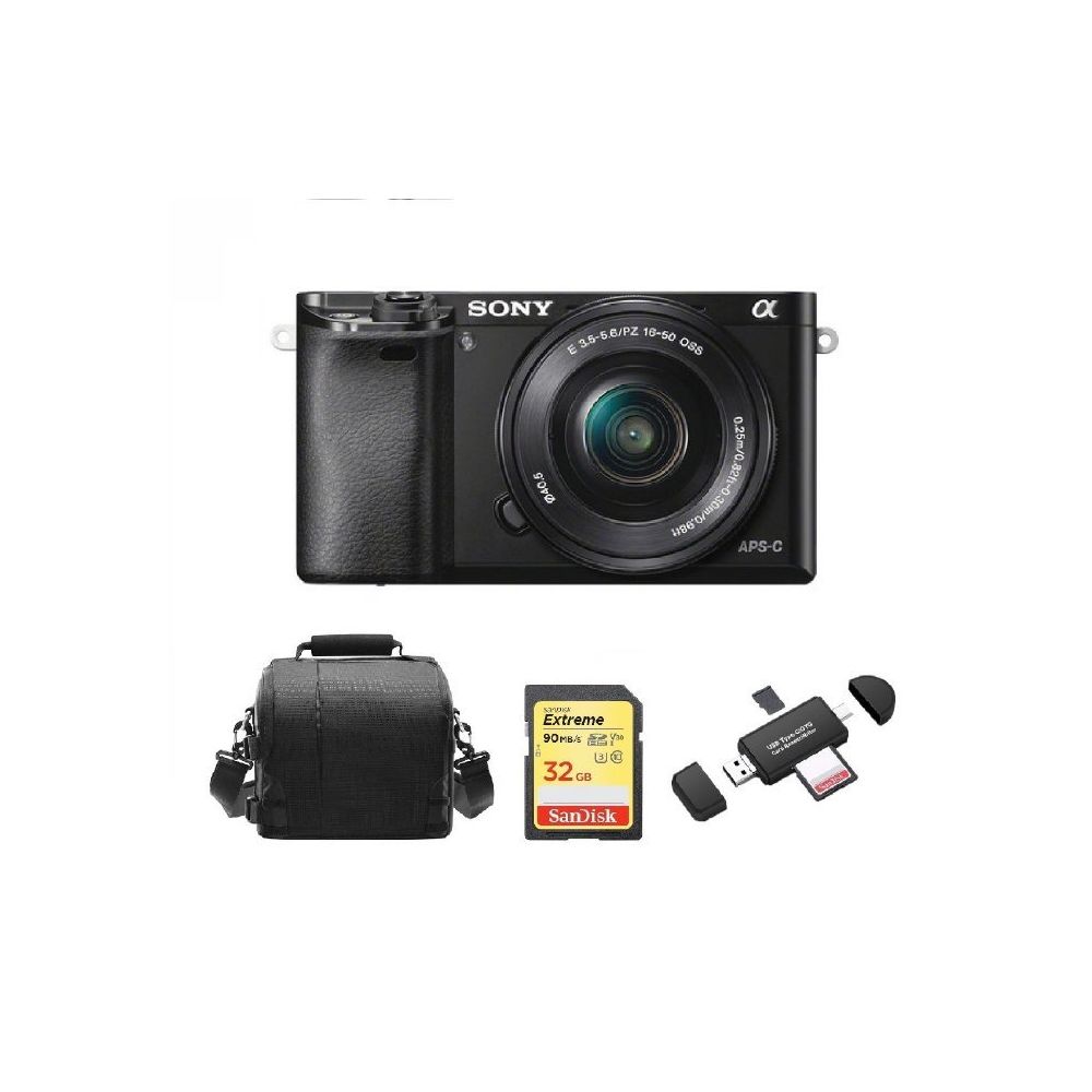 Sony - SONY A6000 Black KIT SEL 16-50MM F3.5-5.6 OSS Black + 32GB SD card + camera Bag + Memory Card Reader - Reflex Grand Public