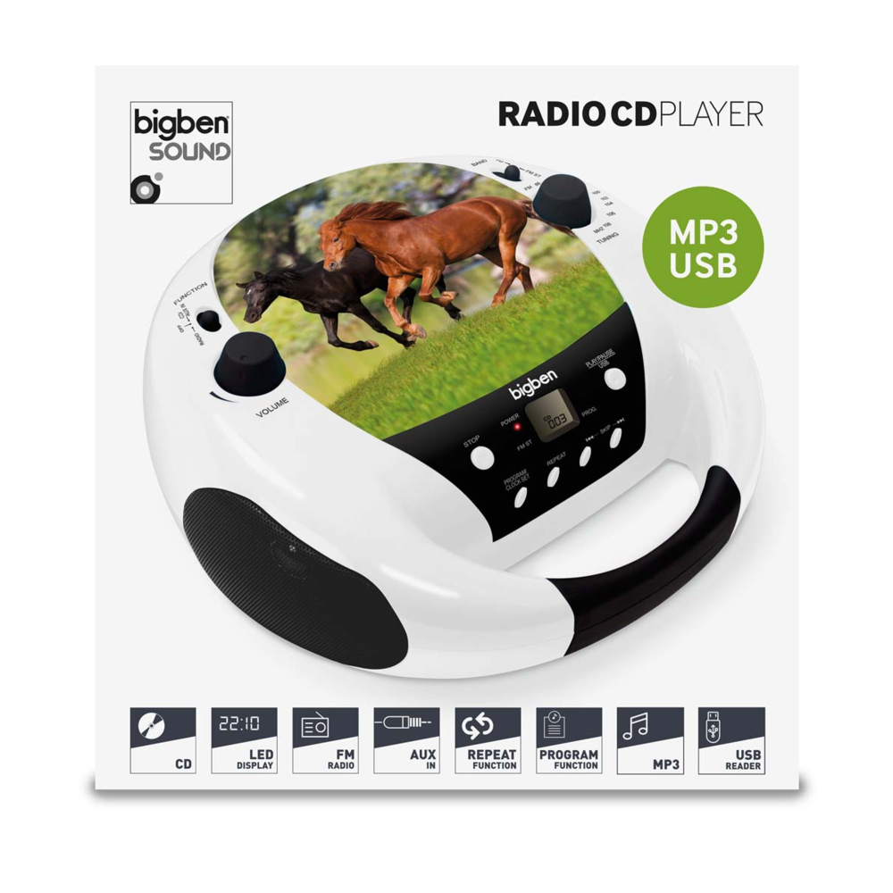 Bigben Interactive - Bigben Interactive - Lecteur Radio CD Portable MP3 USB blanc, motif cheval - Chaînes Hifi