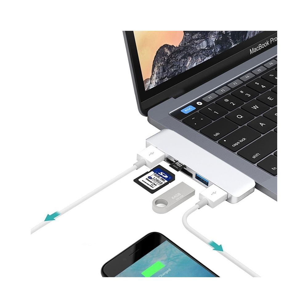 Wewoo - Pour Macbook 2015/2016/2017 argent carte SD et fente 5 en 1 Multi-fonction en alliage d'aluminium 5Gbps taux de transfert USB-C / Type-C adaptateur HUB avec 3 ports USB 3.0 fente TF - Hub