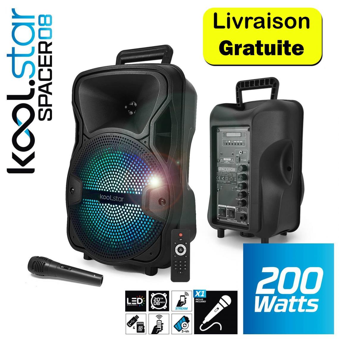 Koolstar - Enceinte sur batterie KoolStar SPACER08 karaoke autonome 8" - 200W - USB/BT/SD + Micro + Tel - Enceintes Hifi
