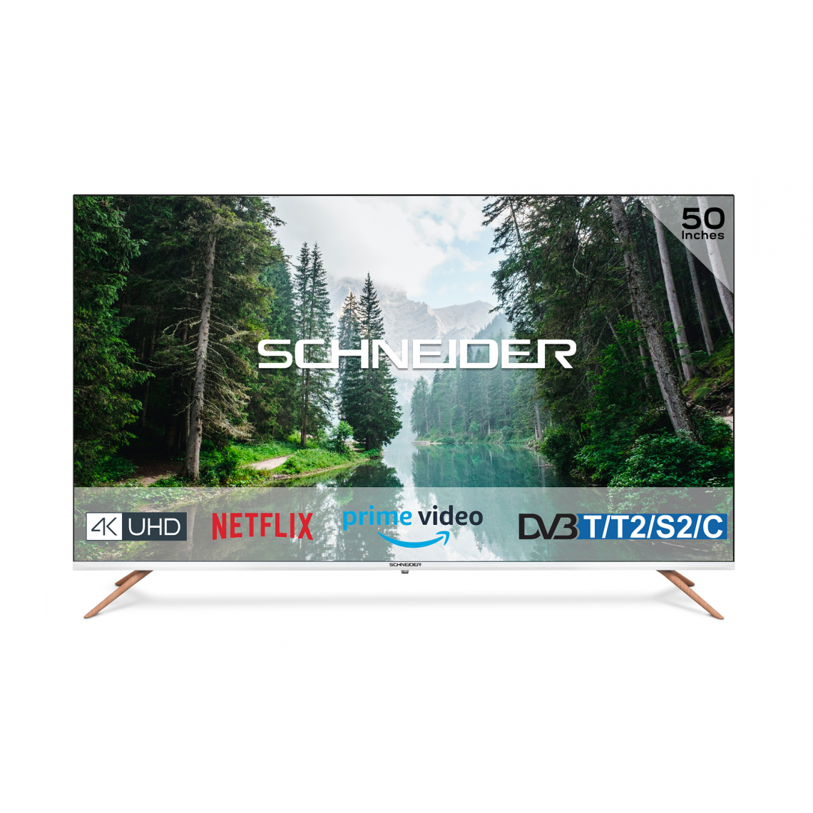 Schneider - SC50S1FJORD - Téléviseur Led 4K - 127 cm - Smart TV - 3 HDMI - 2 USB - Ecran sans bord - Pied effet bois - Blanc - TV 50'' à 55''