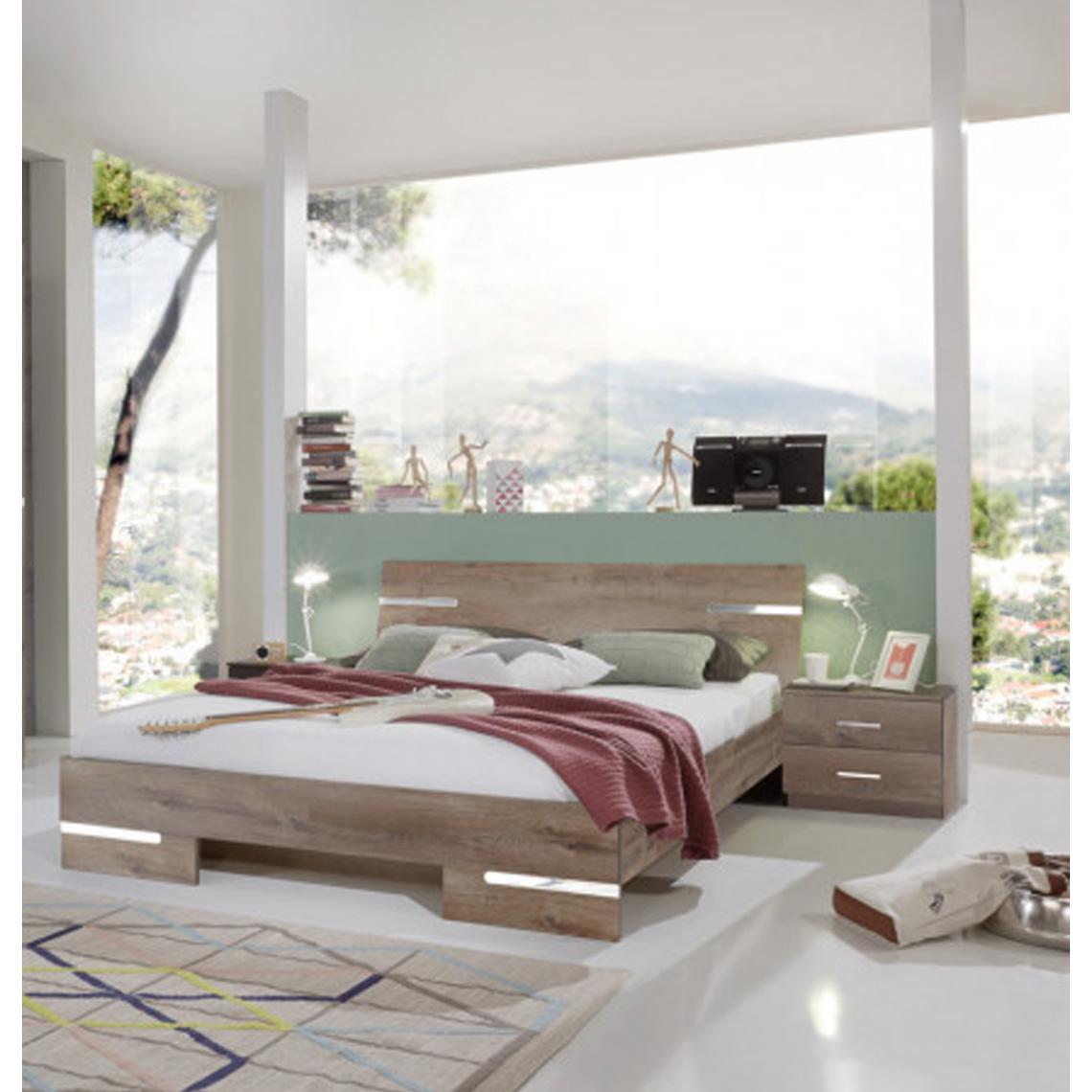 Pegane - Chambre à coucher complète adulte (lit 160x200 cm + 2 chevets + armoire) coloris imitation chêne chataigne/chrome brillant - Chambre complète