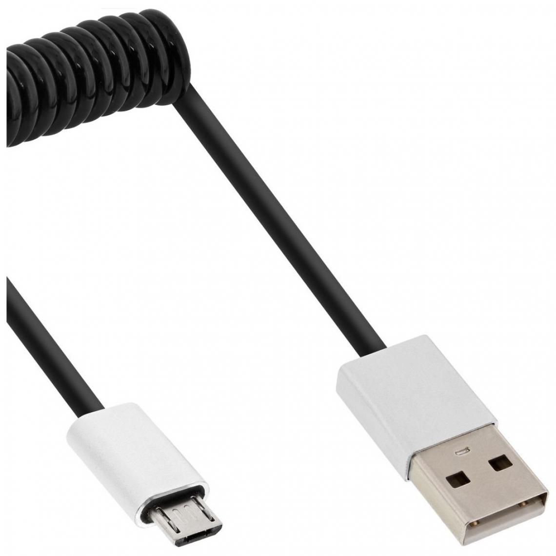Nedis - Câble spiral InLine® Micro-USB 2.0, fiche USB-A à fiche Micro-B, noir / alu, flexible, 3 m - Câble antenne