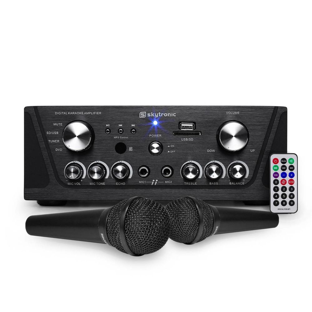 Flash - Amplificateur Skytronic karaoké noir USB/SD/FM 160W + 2 Microphones filaires noirs - Pack Enceintes Home Cinéma