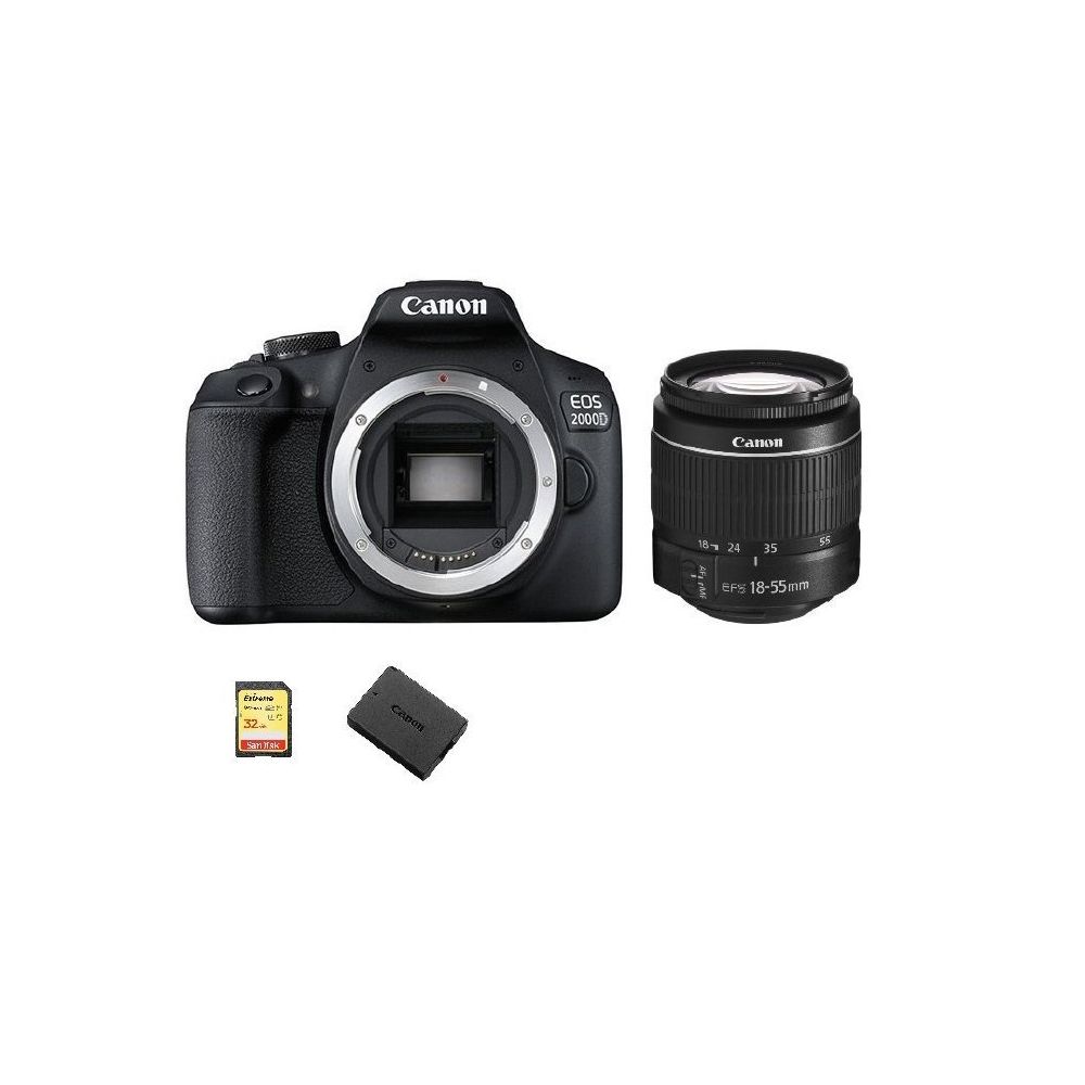 Canon - CANON EOS 2000D Black KIT EF-S 18-55mm F3.5-5.6 III + 32GB SD card + LP-E10 Battery - Reflex Grand Public