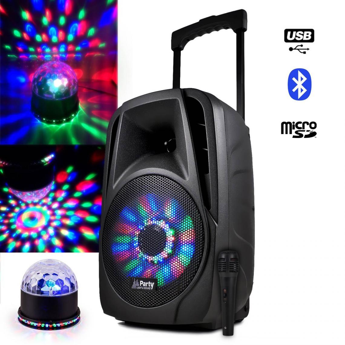 Party Light & Sound - Enceinte batterie 8" LEDs RVB 300W USB/BT/FM + Jeu lumière UFO/ASTRO - Enceinte nomade