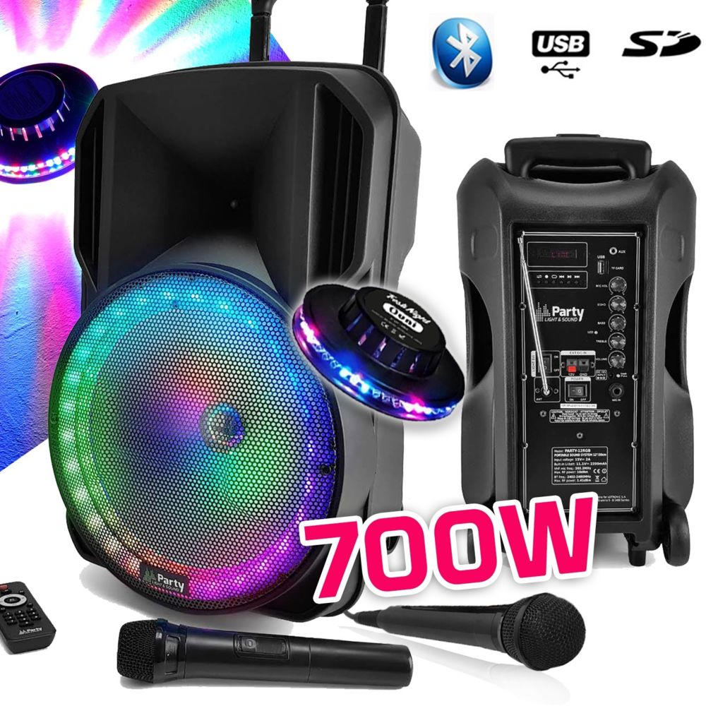 Party Sound - Enceinte sono DJ PARTY KARAOKE 700W portable Batterie 2 MICROS Disco Mobile 12 LED RGB USB/MICRO SD/Bluetooth / RADIO FM + OVNI - Packs sonorisation