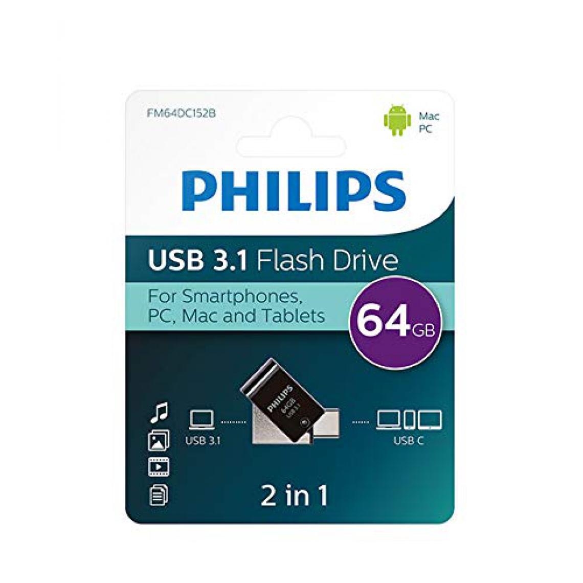 Philips - Philips 2 en 1 noir 64GB OTG USB C + USB 3.1 - Clés USB