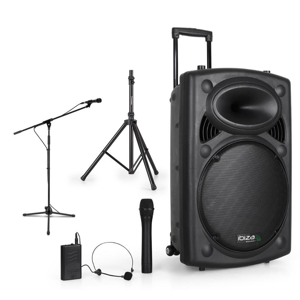 Ibiza Sound - Enceinte sono portable 15"" 800W - USB/BT/REC + 2 Micros VHF + Pied + Pied Micro + Câble PC - Packs DJ