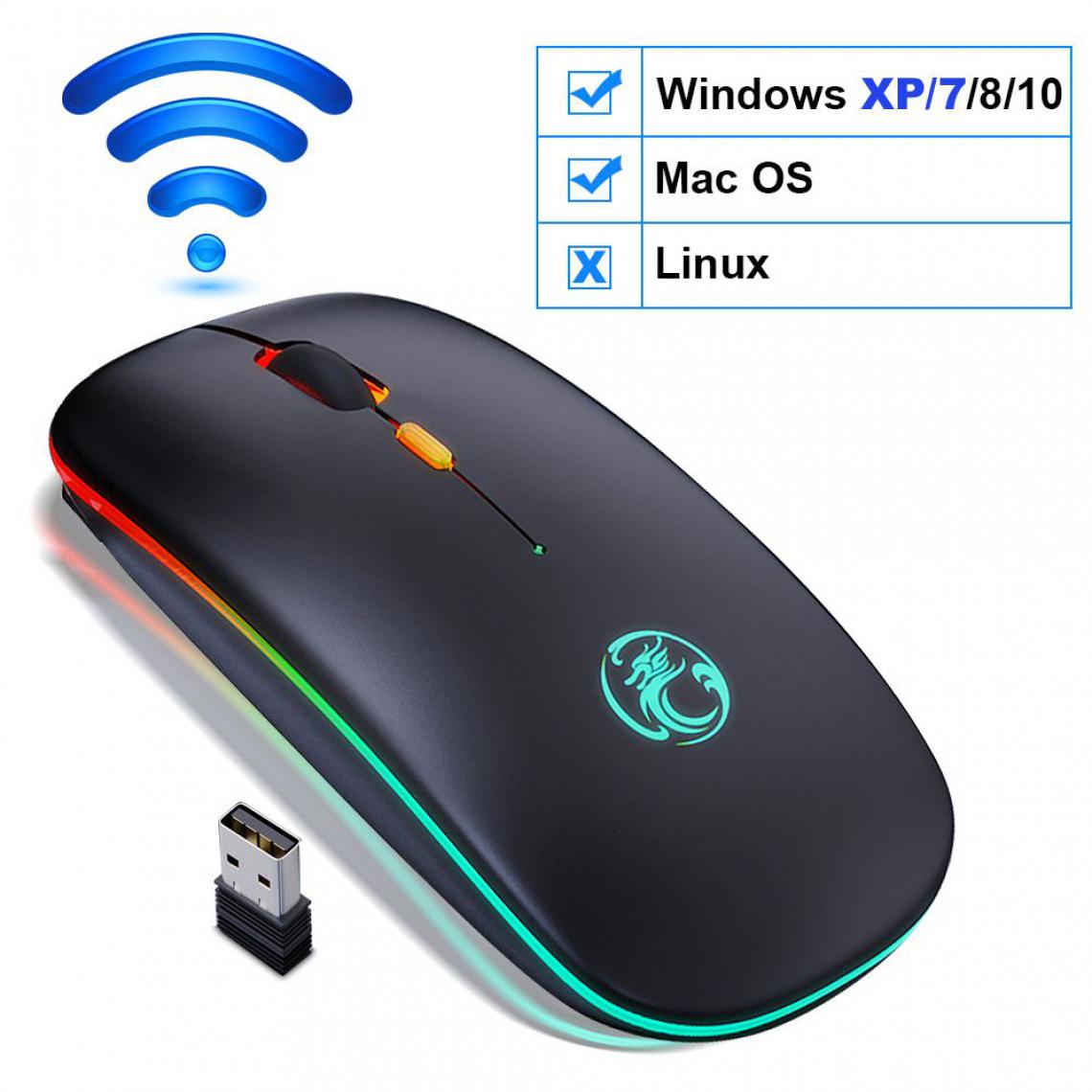 Generic - Souris sans fil connectivité Bluetooth, rechargeable et rétroéclairé par LED RGB,  Compatible avec Window et Mac OS 11.2 *5.7 * 2.5 cm -  Noir  - Souris