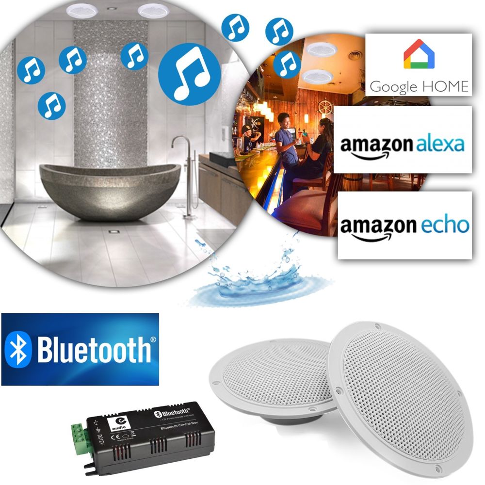 Leisure - Kit 2 haut-parleurs coniques 5"" / 80W - Grille et résistance à l'eau avec Amplificateur Google Home Bluetooth Amazon Alexa Echo - Hauts-parleurs