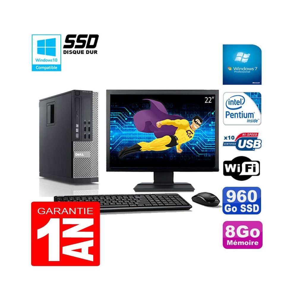Dell - PC DELL 790 SFF Intel G840 Ram 8Go Disque 960Go SSD Graveur Wifi W7 Ecran 22"" - PC Fixe