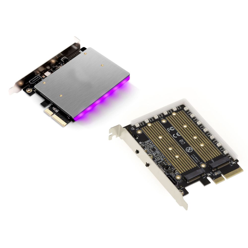 Kalea-Informatique - Carte contrôleur PCIe 3.0 x4 pour SSD M2 PCIe M Key et Sata B Key - avec radiateur et Fonction LED RGB - Carte Contrôleur USB