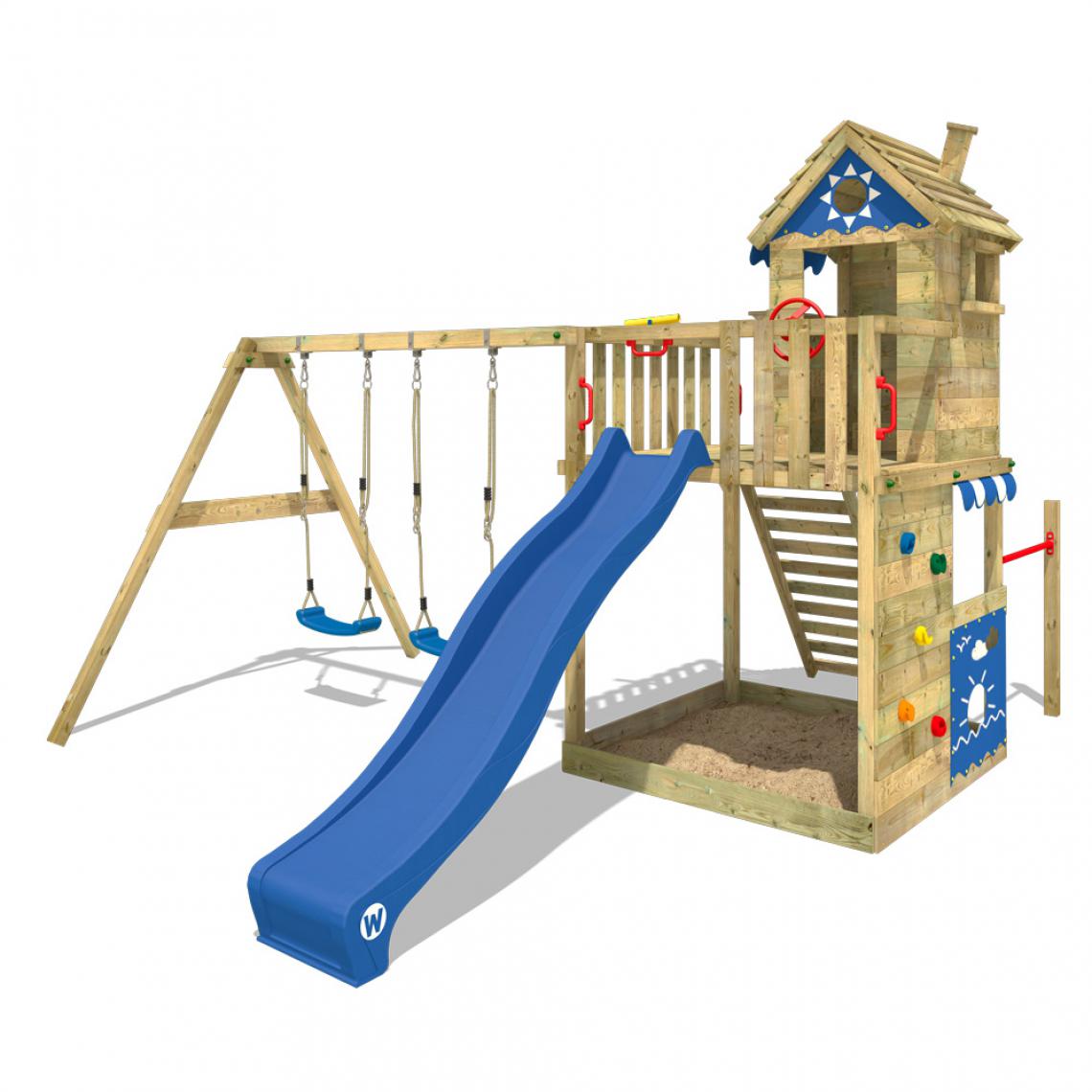 Wickey - Aire de jeux Portique bois Smart Sand avec balançoire et toboggan bleu Maison enfant extérieure avec bac à sable, échelle d'escalade & accessoires de jeux - Aire de jeux
