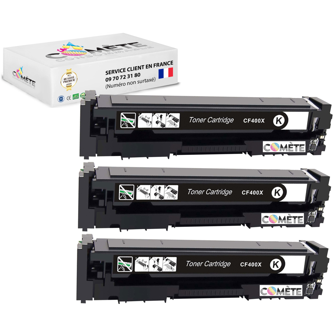 Comete Consommable - 201X 3 Toner compatible avec HP 201X (=201A grande capacité) CF400X CF400XD - 3 Noir - Imprimante Laser