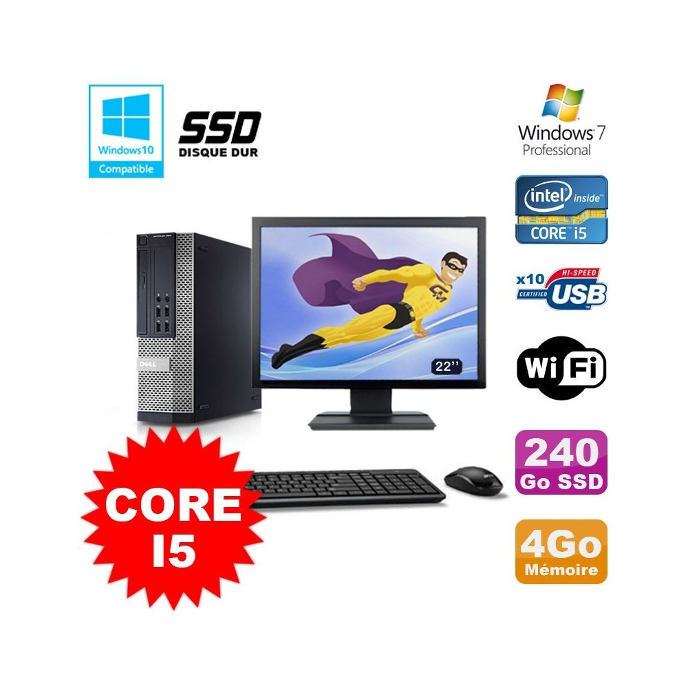 Dell - Lot PC Dell 7010 SFF Core I5 2400 3.1GHz 4Go 240Go SSD Wifi W7 + Ecran 22"" - PC Fixe