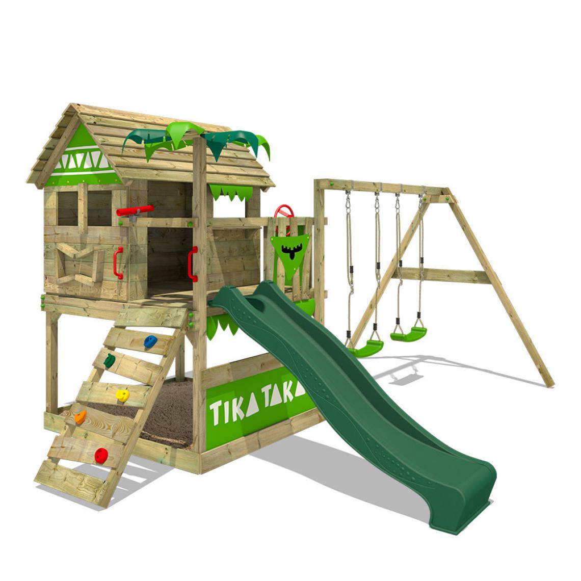 Fatmoose - Aire de jeux Portique bois TikaTaka avec balançoire et toboggan vert Cabane enfant extérieure avec bac à sable, échelle d'escalade & accessoires de jeux - Aire de jeux