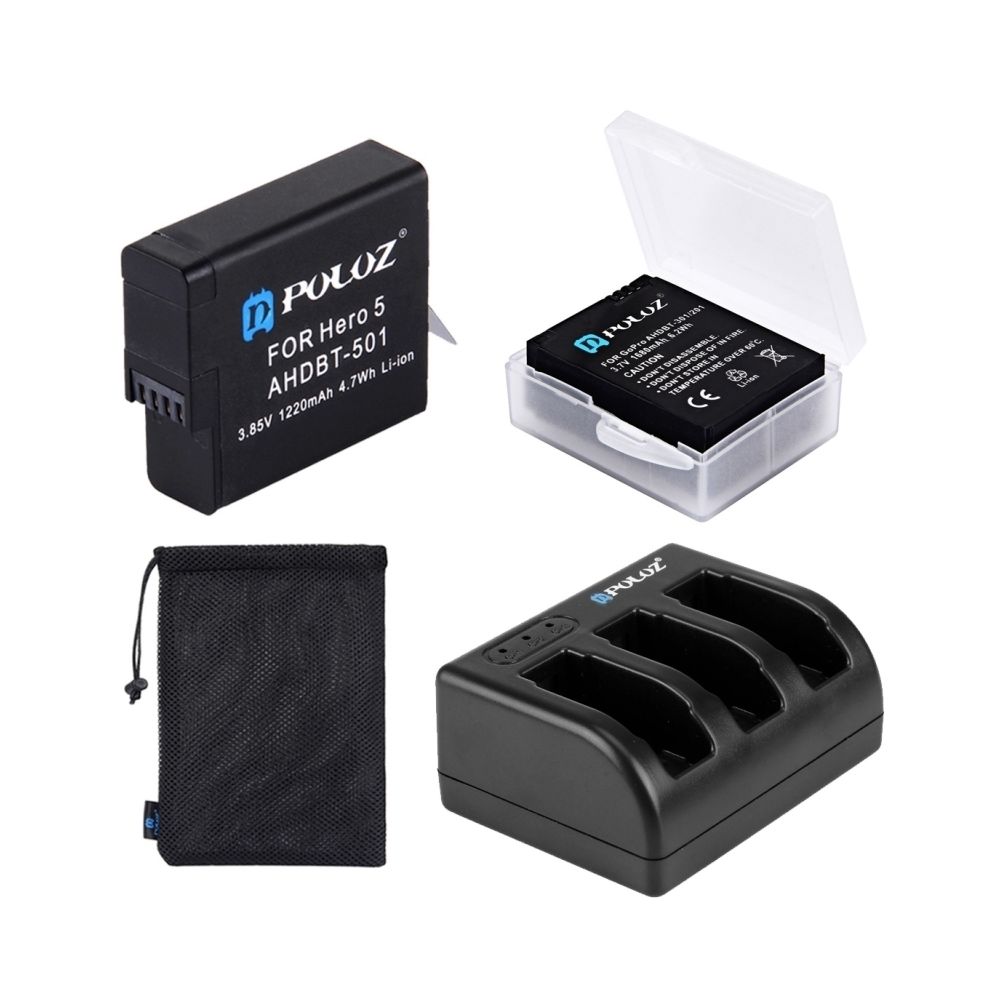 Wewoo - Kit d'accessoire pour 4 en 1 Gopro HERO5 AHDBT-501 batterie 3.85V 1220mAh + AHDBT-501 chargeur de 3 canaux + sac de rangement en maille + kits de boîte de de - Caméras Sportives