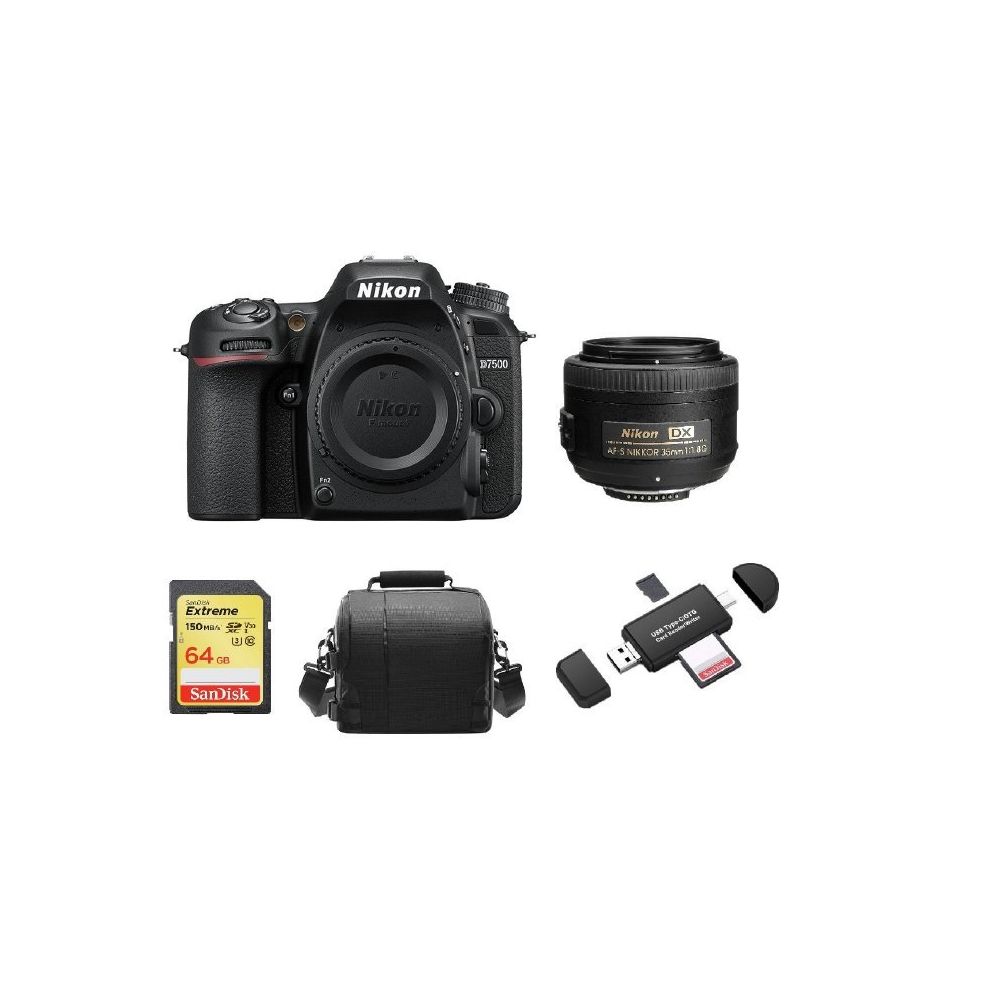 Nikon - NIKON D7500 + AF-S 35MM F1.8G DX + 64GB SD card + camera Bag + Memory Card Reader - Reflex Grand Public