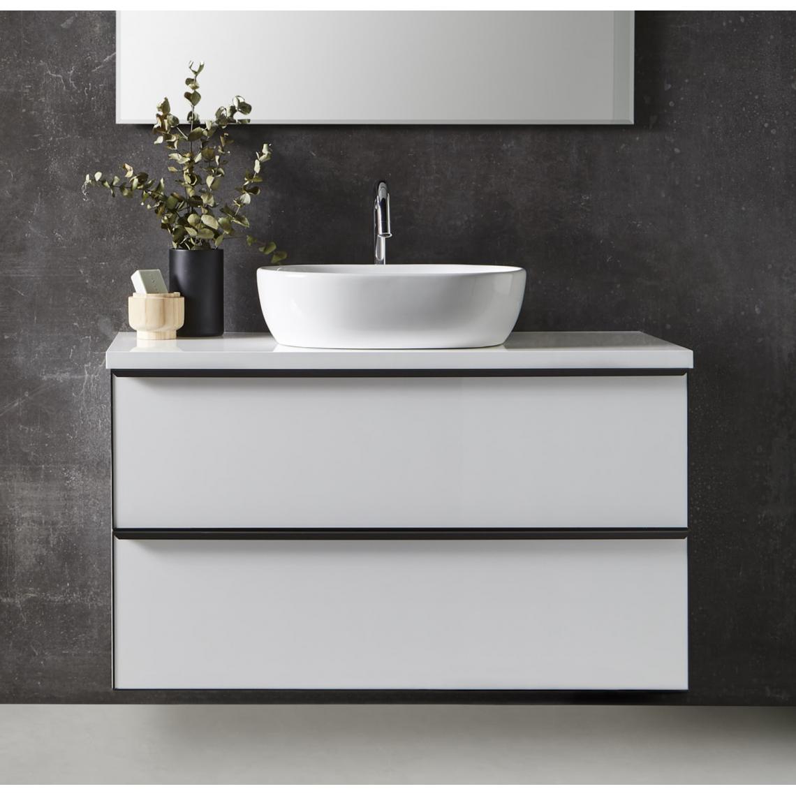 Pegane - Meuble de salle de bain avec 2 tiroirs suspendus Blanc brillant + vasque à poser - Longueur 100 x Hauteur 50 x Profondeur 46,5 cm - meuble bas salle de bain