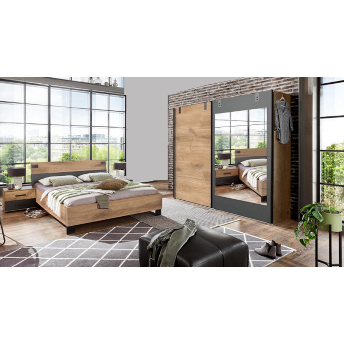 Pegane - Chambre à coucher complète adulte (lit 140x200 cm + 2 chevets + armoire) coloris chêne foncé - Chambre complète