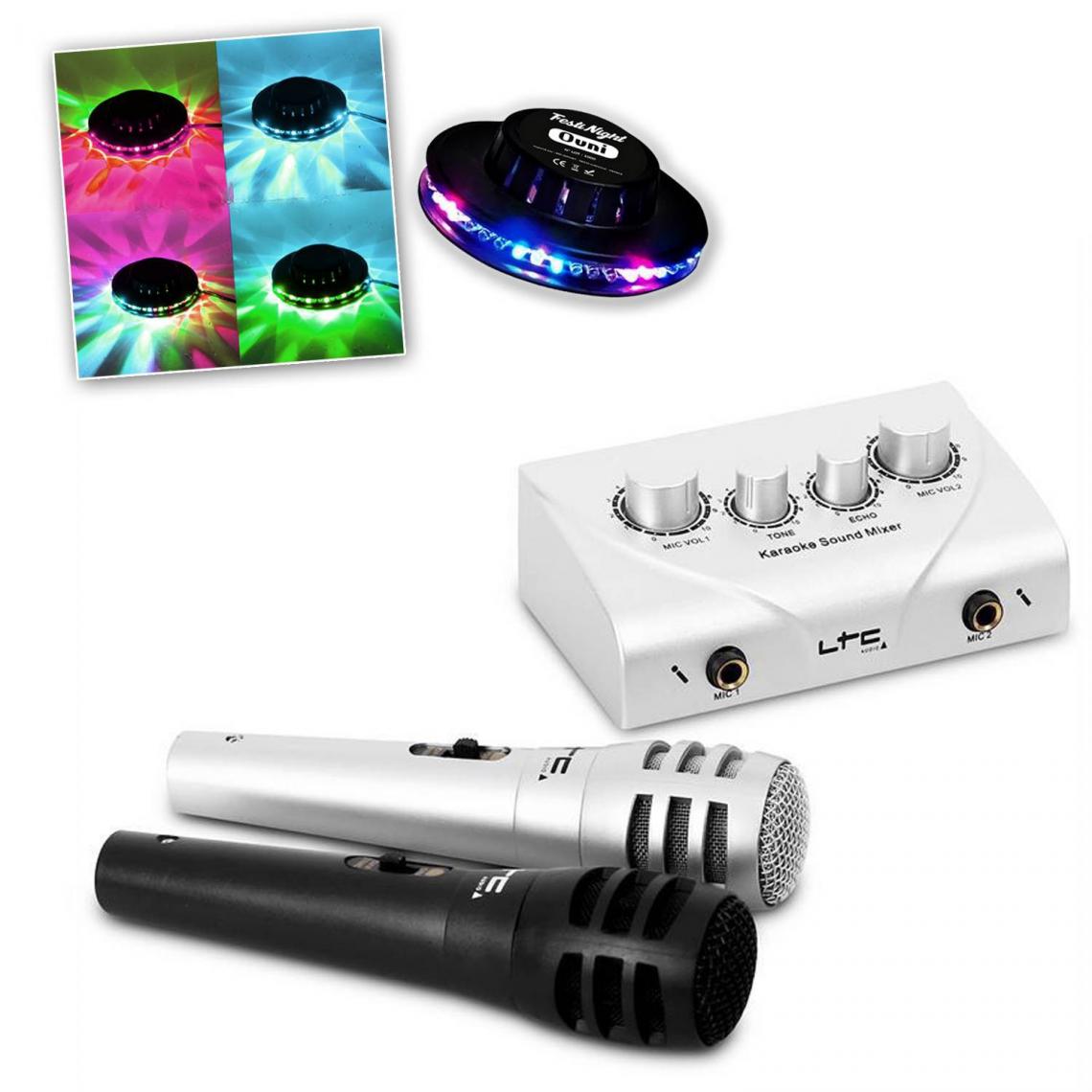 Ltc Audio - Système Karaoké Plug & Play avec 2 micros KSM-10 + Effet UFO OVNI à LED - Enceintes Hifi
