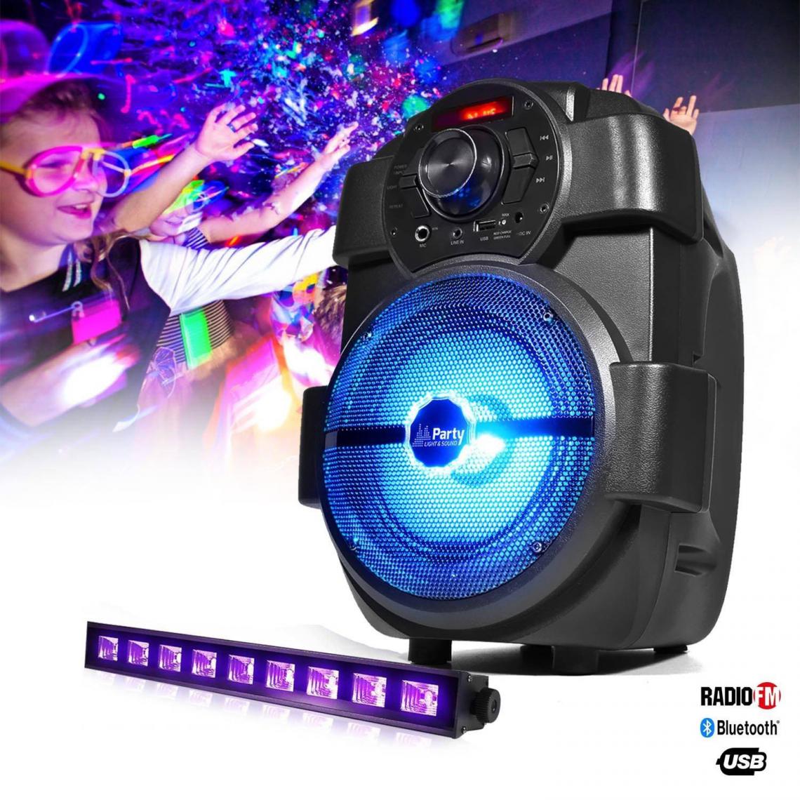 Party Light & Sound - Enceinte karaoke batterie 180W - USB/BLUETOOTH/RADIO + Barre Uv à LED 9x3W Lytor UV FANTOM - Enceinte nomade