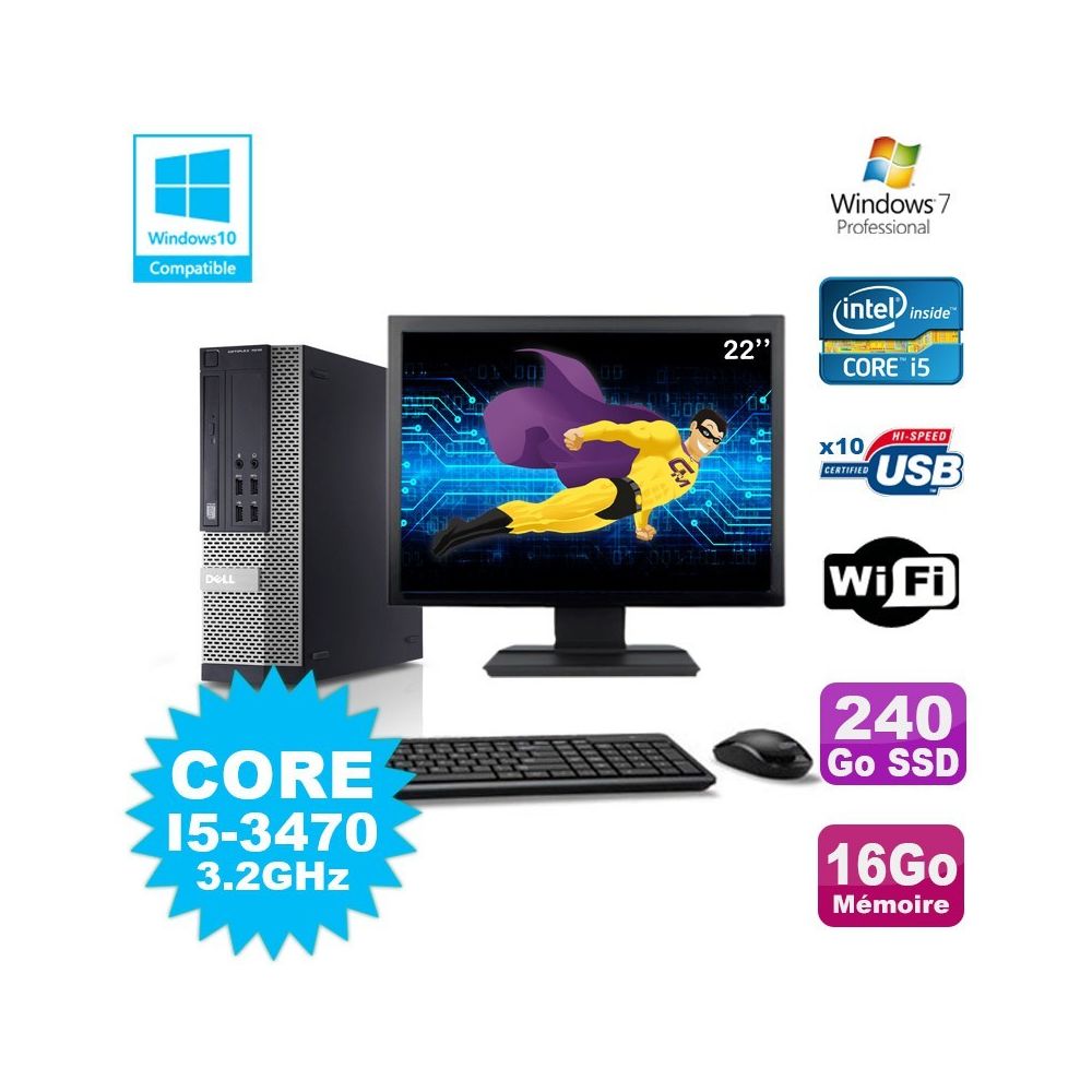 Dell - Lot PC Dell 7010 SFF Core I5-3470 3.2GHz 16Go 240Go SSD DVD Wifi W7 + Ecran 22 - PC Fixe