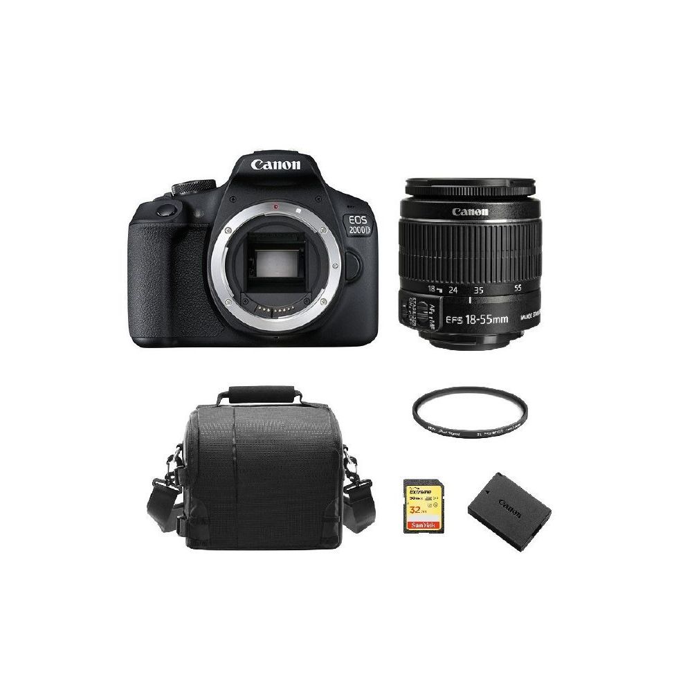 Canon - CANON EOS 2000D Black KIT EF-S 18-55mm F3.5-5.6 IS II + 32GB SD card + camera Bag + LP-E10 Battery + HOYA 58mm PRO 1D Protector - Reflex Grand Public