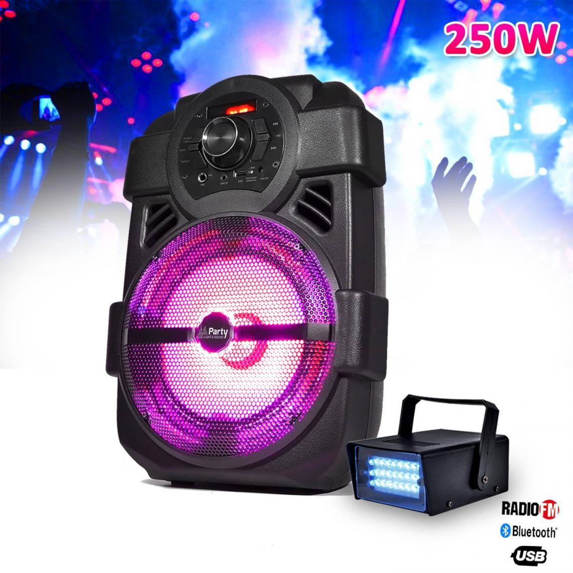 Party Light & Sound - Enceinte karaoke mobile 250W 8" USB/BT/FM + Mini Stroboscope à LED - Enceinte nomade
