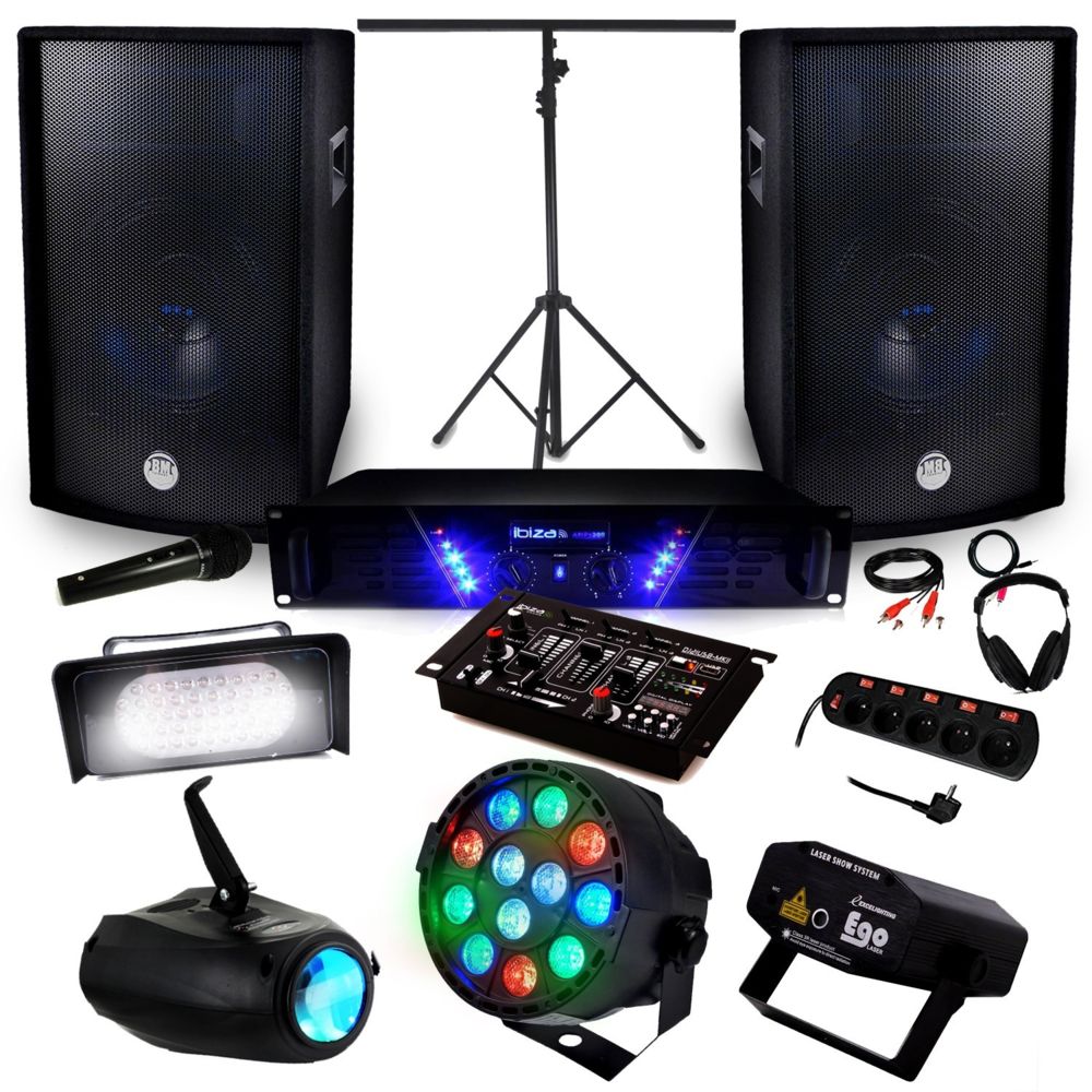 Ibiza Sound - Pack Sono Ampli AMP-300 + HP BMS-12 de 2x600W + Pack 4 lumières - Packs sonorisation