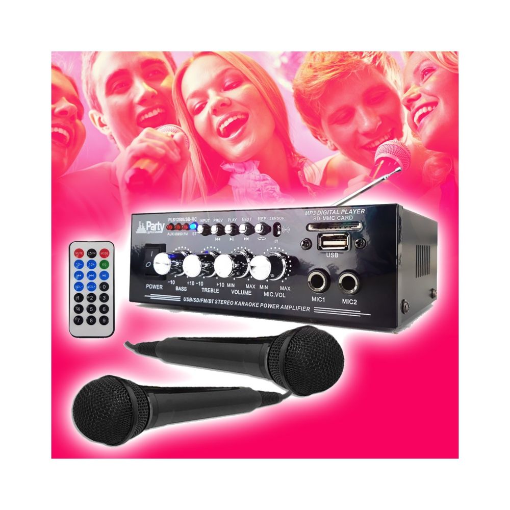 Party Sound - Amplificateur Soirée Karaoke 50W - Stéréo - USB/BLUETOOTH/SD/ RADIO FM + Télécommande + 2 Micros - Ampli