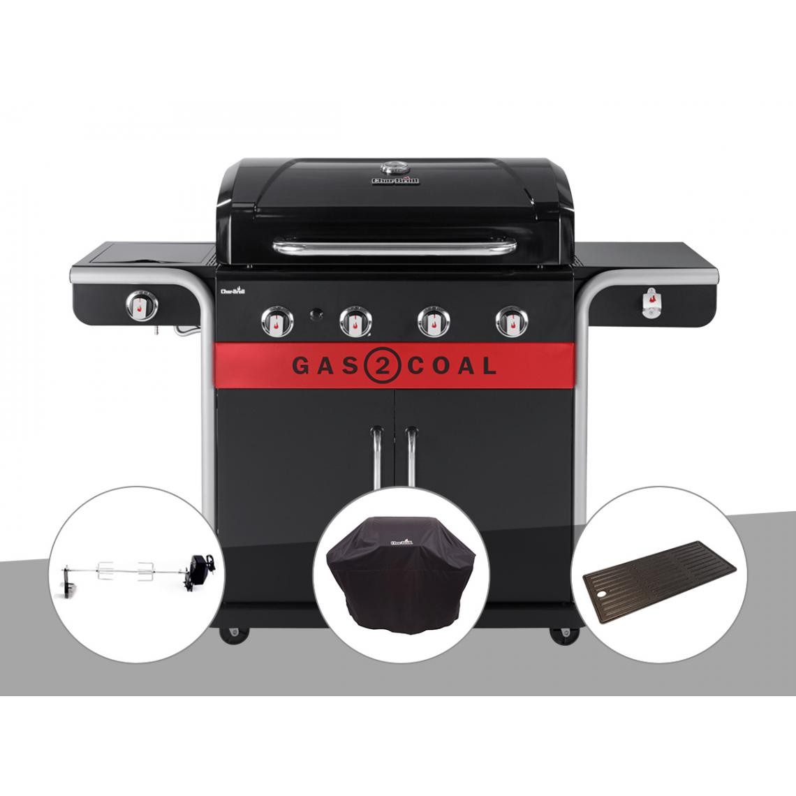 Char-Broil - Barbecue à gaz et à charbon Gas2Coal Char/Broil 2.0 4B + Tournebroche + Housse de protection + Plancha - Barbecues gaz