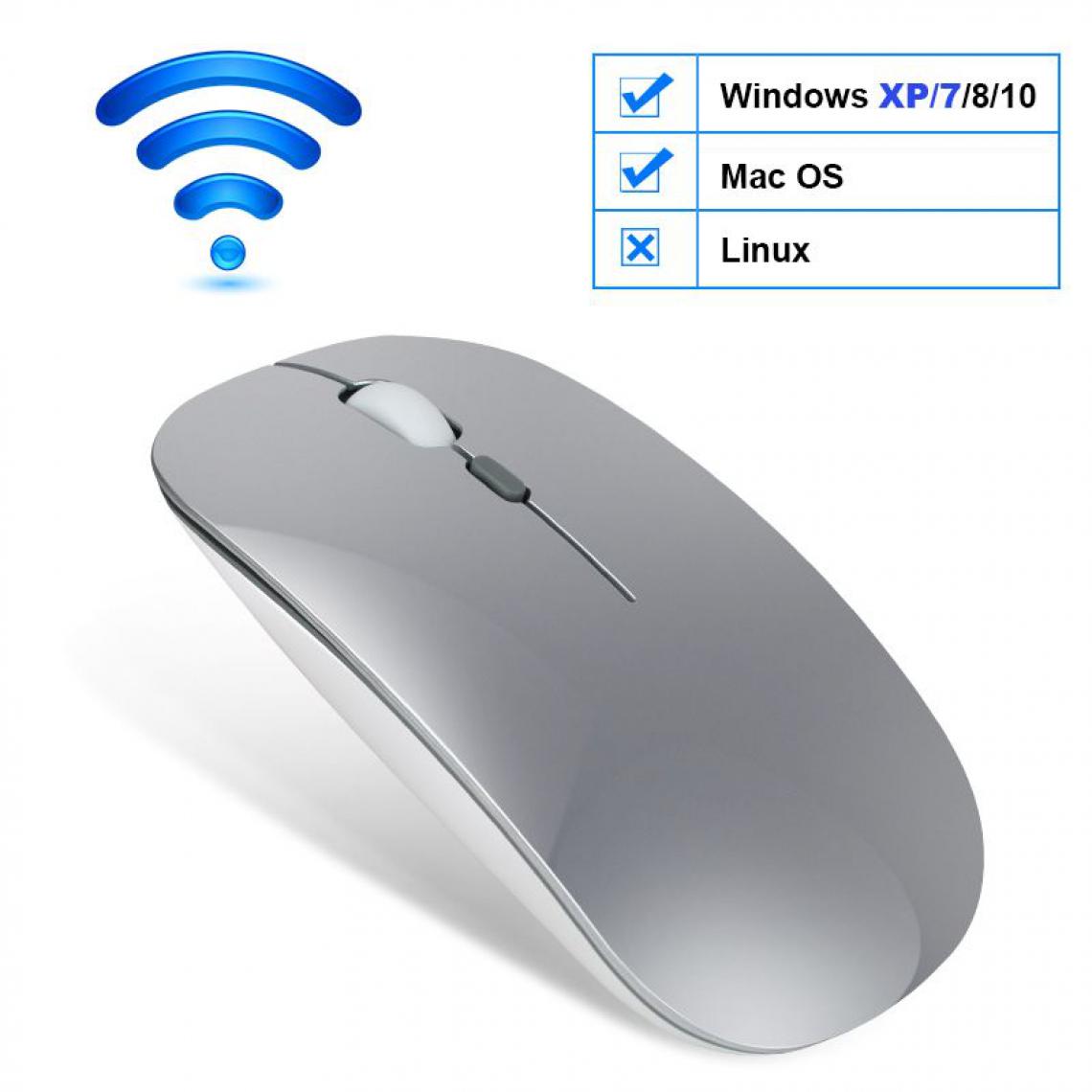 Generic - Souris sans fil, USB Bluetooth 2.4Ghz, silencieux, ergonomique et  rechargeable , compatible Windows et Mac OS , 11.2 * 5.7 * 2 cm - Gris  - Souris