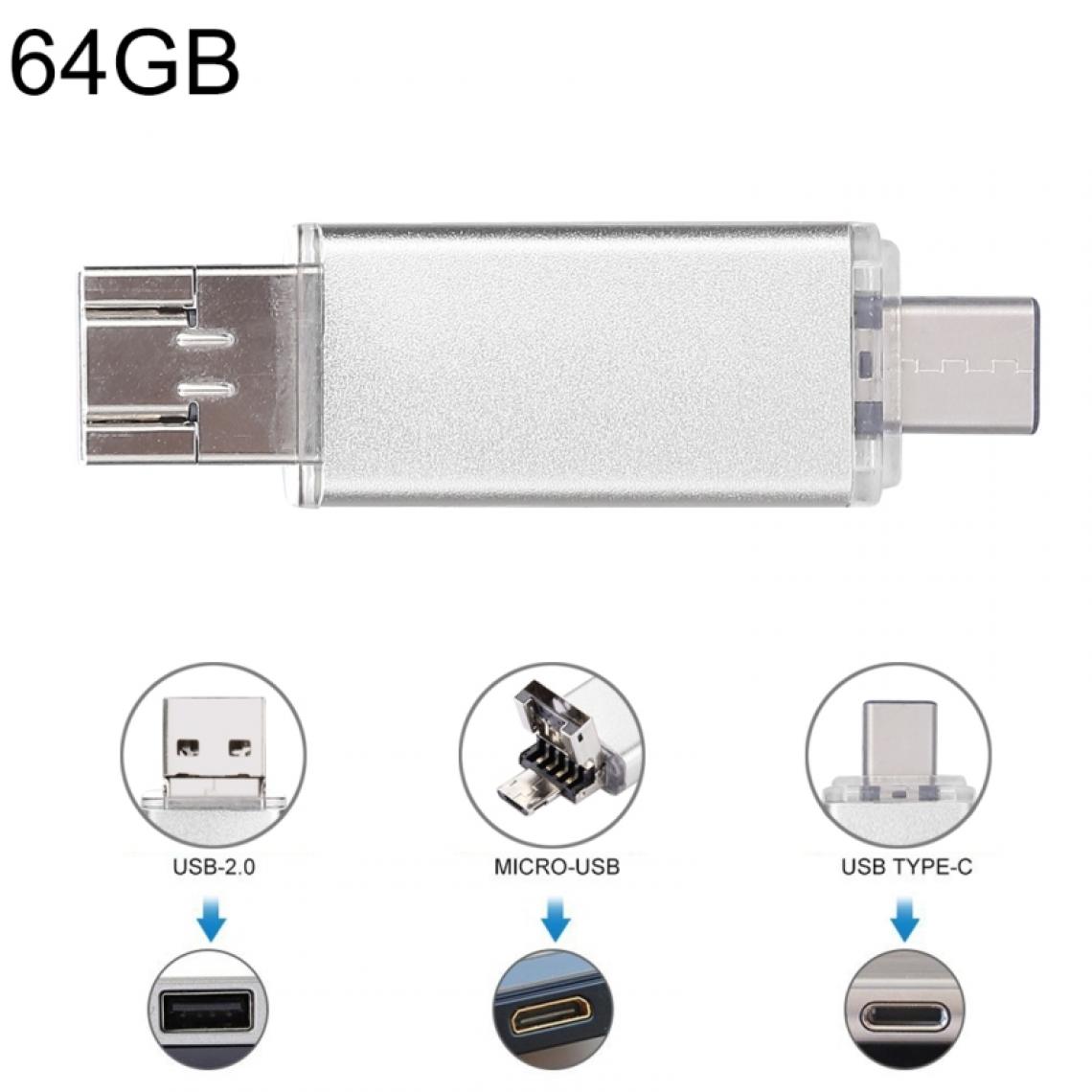 Wewoo - Pour Smartphones Type-C et PC argent 64 Go Clé USB Multifonction USB-C / Type C + USB 2.0 + OTG 3 en 1 - Lecteur carte mémoire