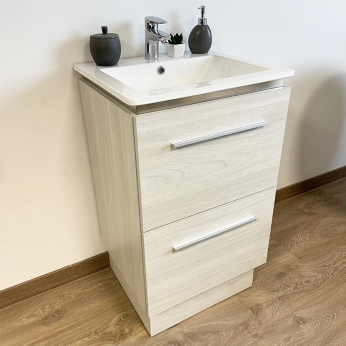 Byca RUE DU COMMERCE - Meuble à suspendre ou à poser 52 cm Chêne blanchi avec vasque en céramique - 2 tiroirs - Beop - meuble bas salle de bain
